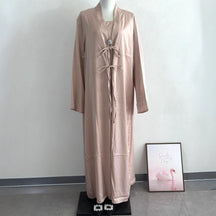 K113  Satin Tie-Front Open Abaya + Inner Dress Set - No Hijab
