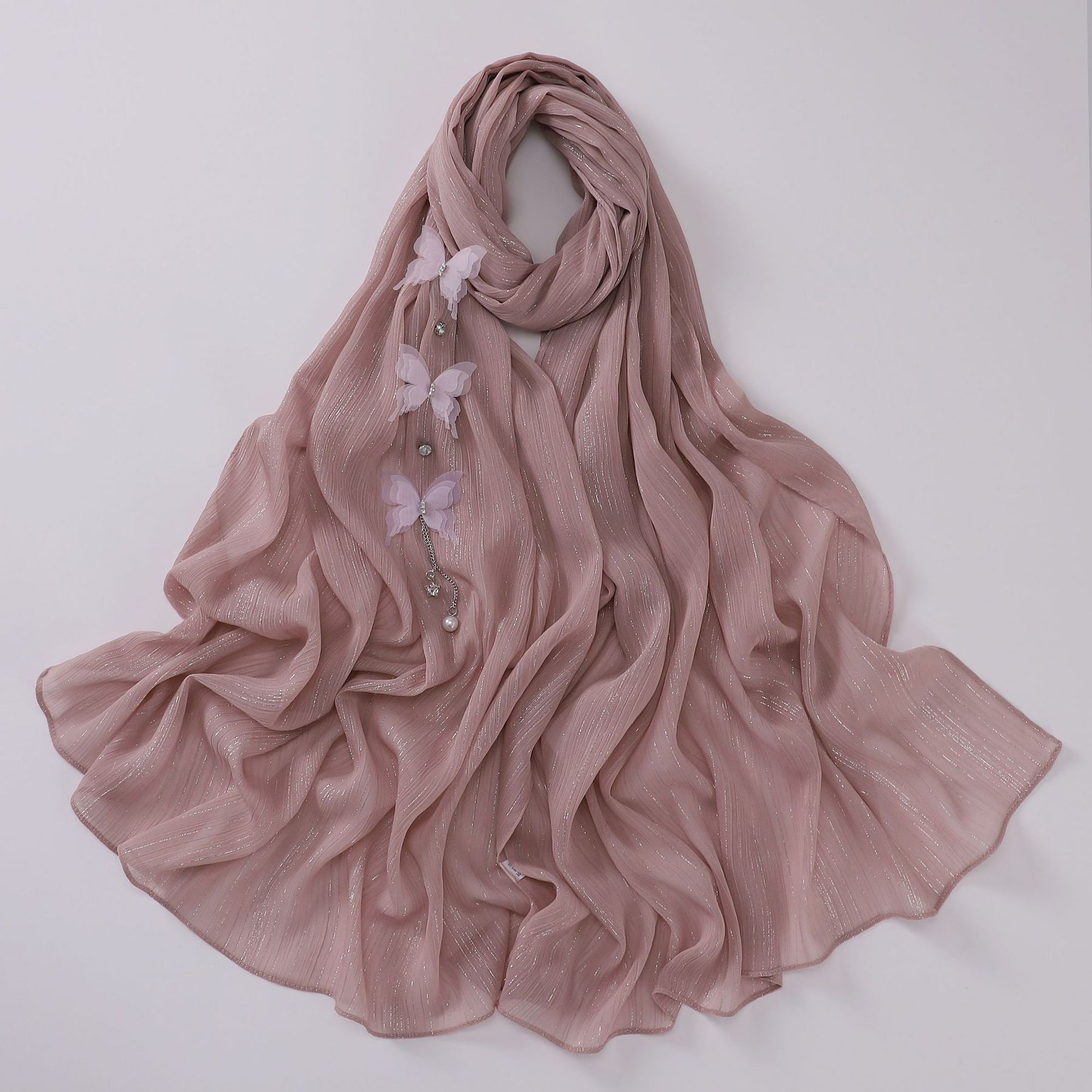 W-0115 plain pleated Silver thread Butterfly hijab scarf