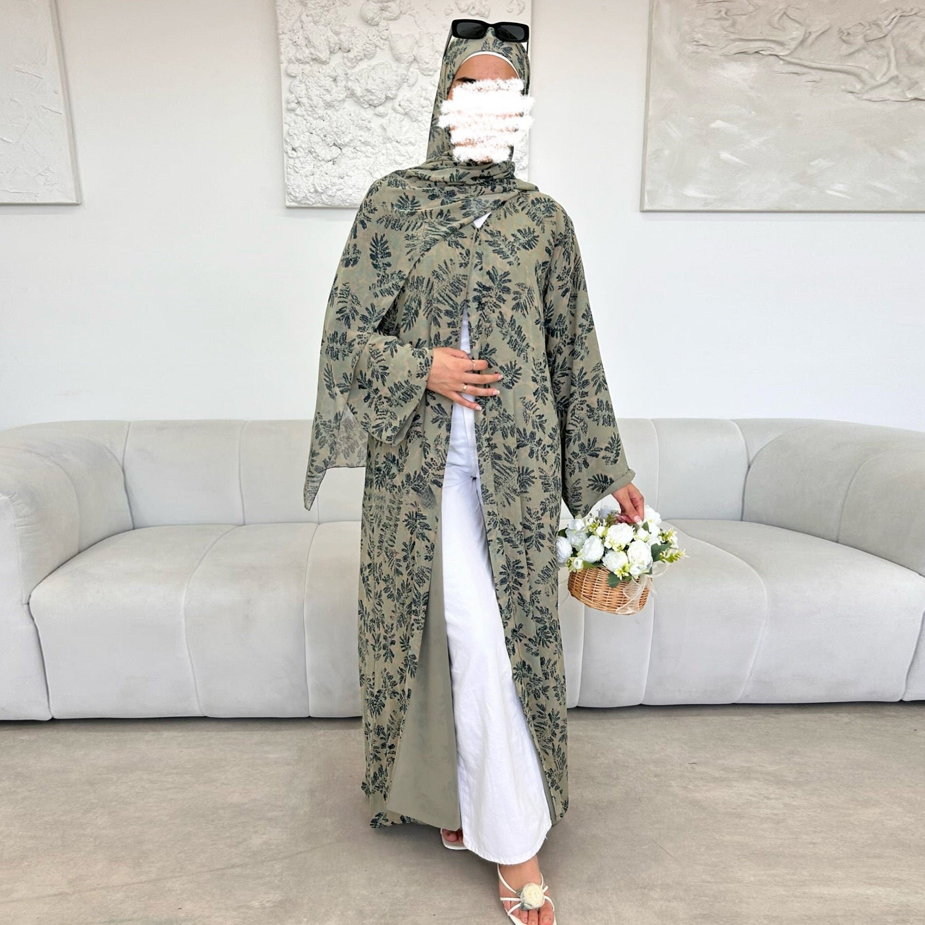 LR1067  Printed Chiffon Lined Open Abaya + Hijab Set