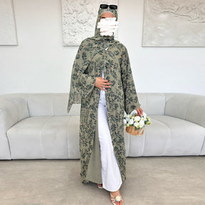 LR1067  Printed Chiffon Lined Open Abaya + Hijab Set