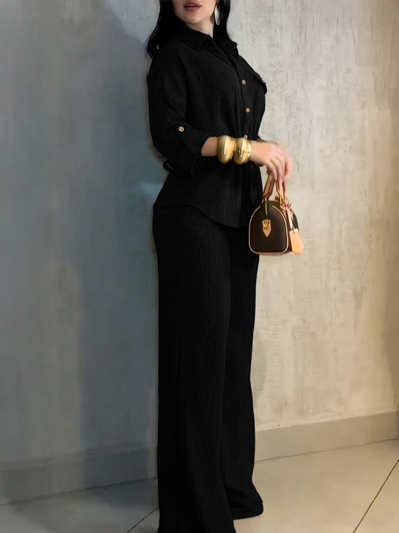HC55359  Women's Lapel Button Shirt & Drawstring Wide-Leg Pants Set