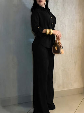 HC55359  Women's Lapel Button Shirt & Drawstring Wide-Leg Pants Set