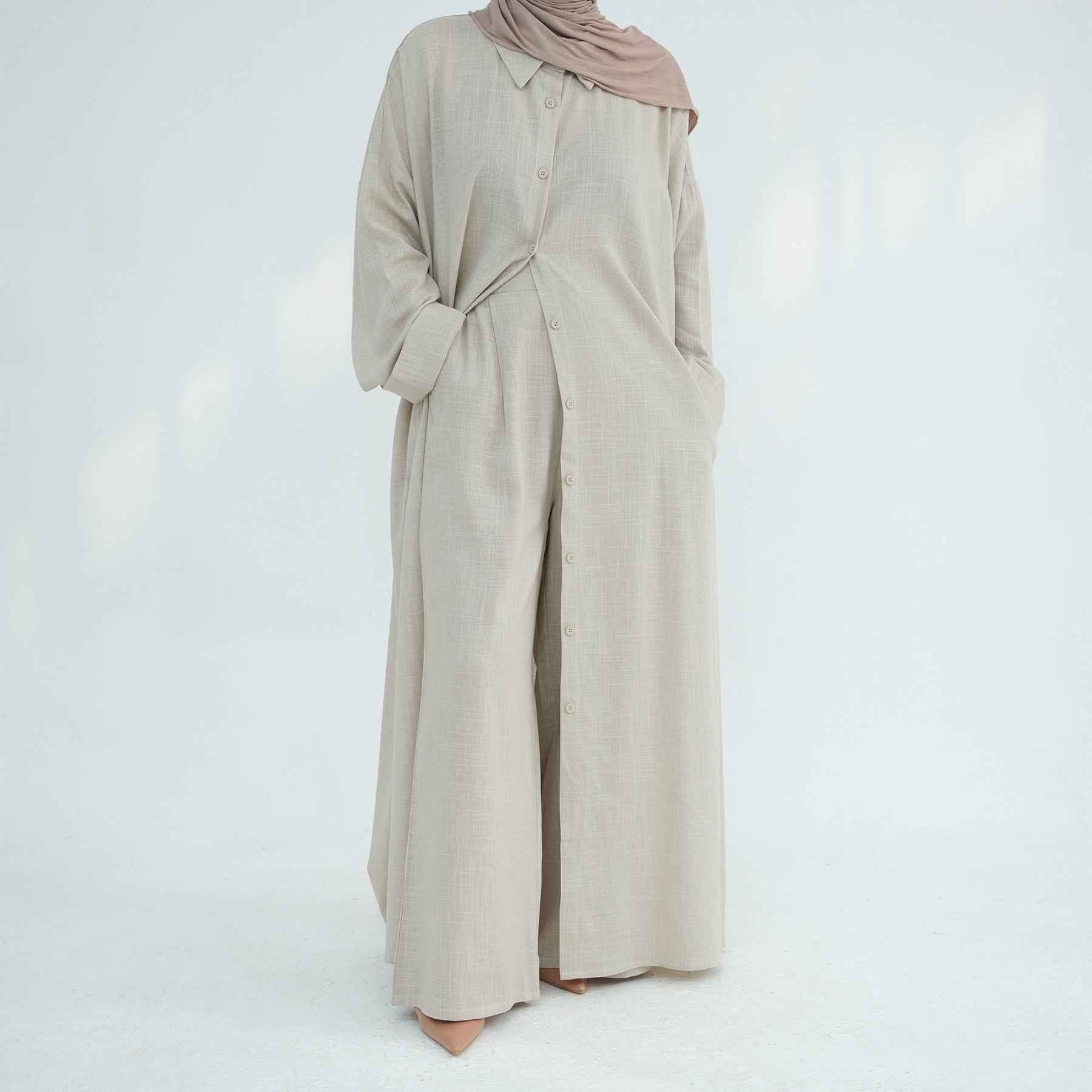 LR924  Plain Linen-Cotton Abaya Set