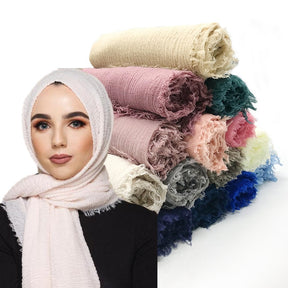 WJ01  Plain Seersucker Crinkle Fringe Edge Large Hijab