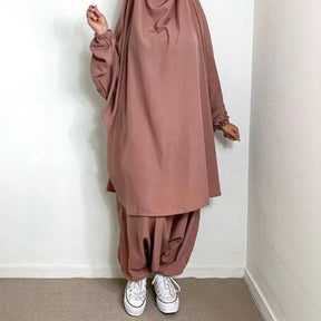 P103  Plain 2-Piece Loose Long Sleeve Top Hijab and Tied Pants Set