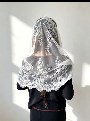 JY0160  Plain Black and White Two Tone Lace Embroidered Hijab