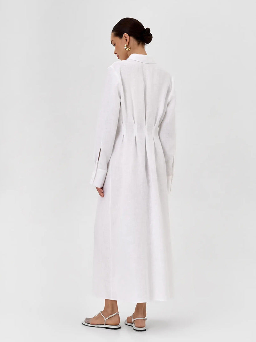 LYQ0431  Women's Waist-Cinching Linen Shirt Dress with Side Slit