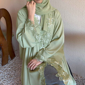 HBWT  Green Floral Abaya with Subtle Lace & a Coordinating Hijab
