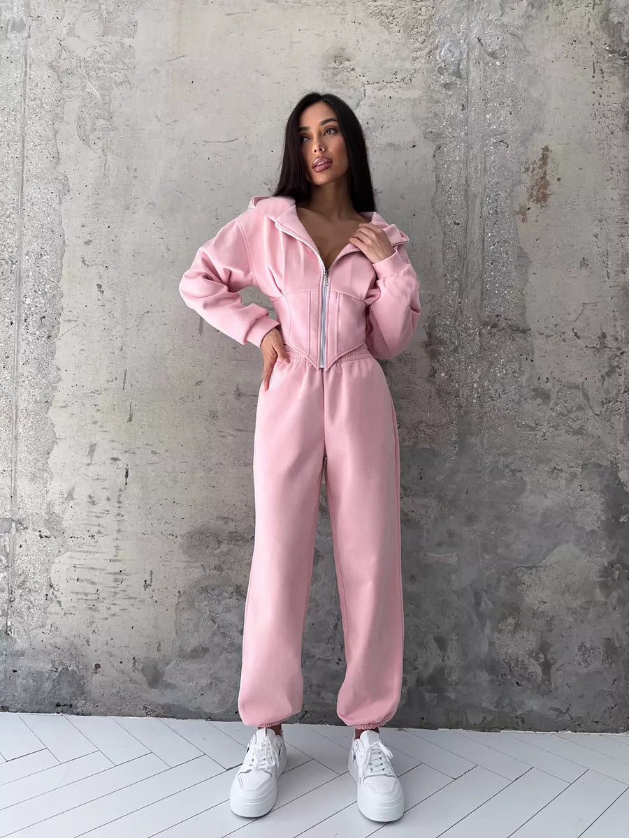 C56105  Autumn Winter Women Plain Drawstring Hooded Sweatsuit Abaya 2-Piece Set