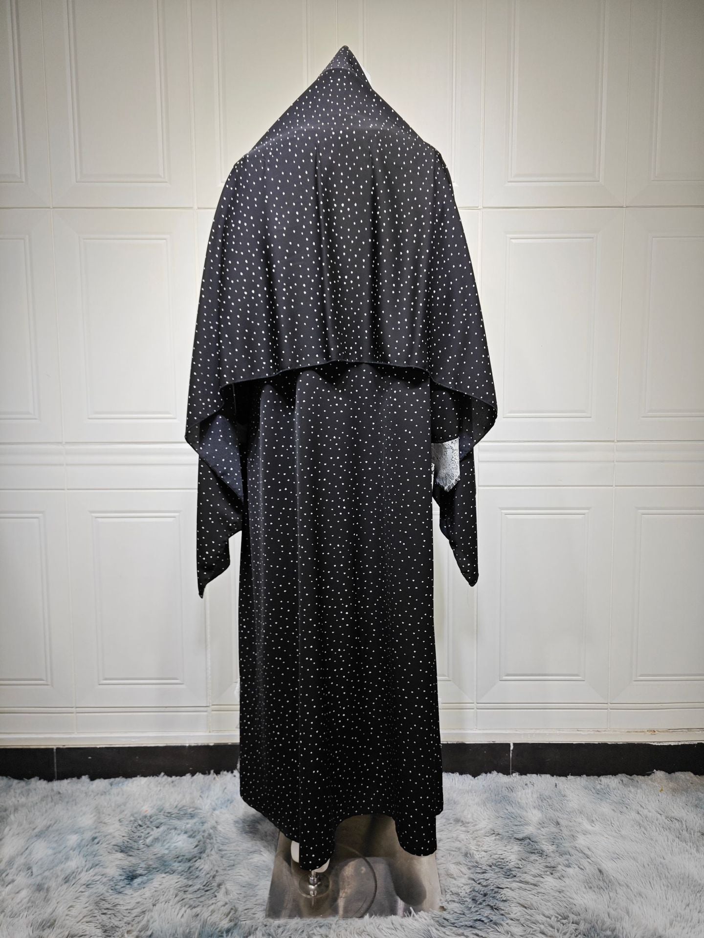 MQ259  Lace Trim Polka Dot Print Abaya Cardigan with Hijab Set