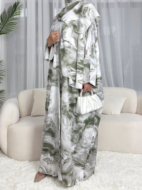 SMWT  Ink-Wash Print Batwing Cardigan + Hijab Set