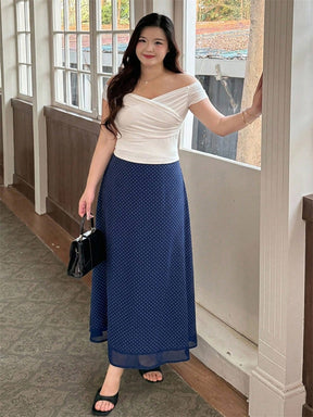 DM3351  Elastic-Waist Diamond Pattern Polyester Lace-Trim Maxi Skirt