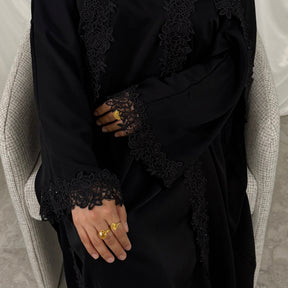 LR1191  Plain Nida Gold Foil Lace Open Abaya + Inner Layer + Hijab Set