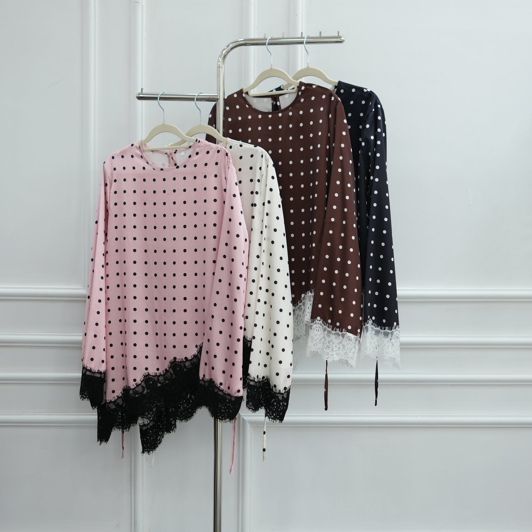LR1357&LR1185  Lace Panel Polka Dot Polyester Top + Skirt Set