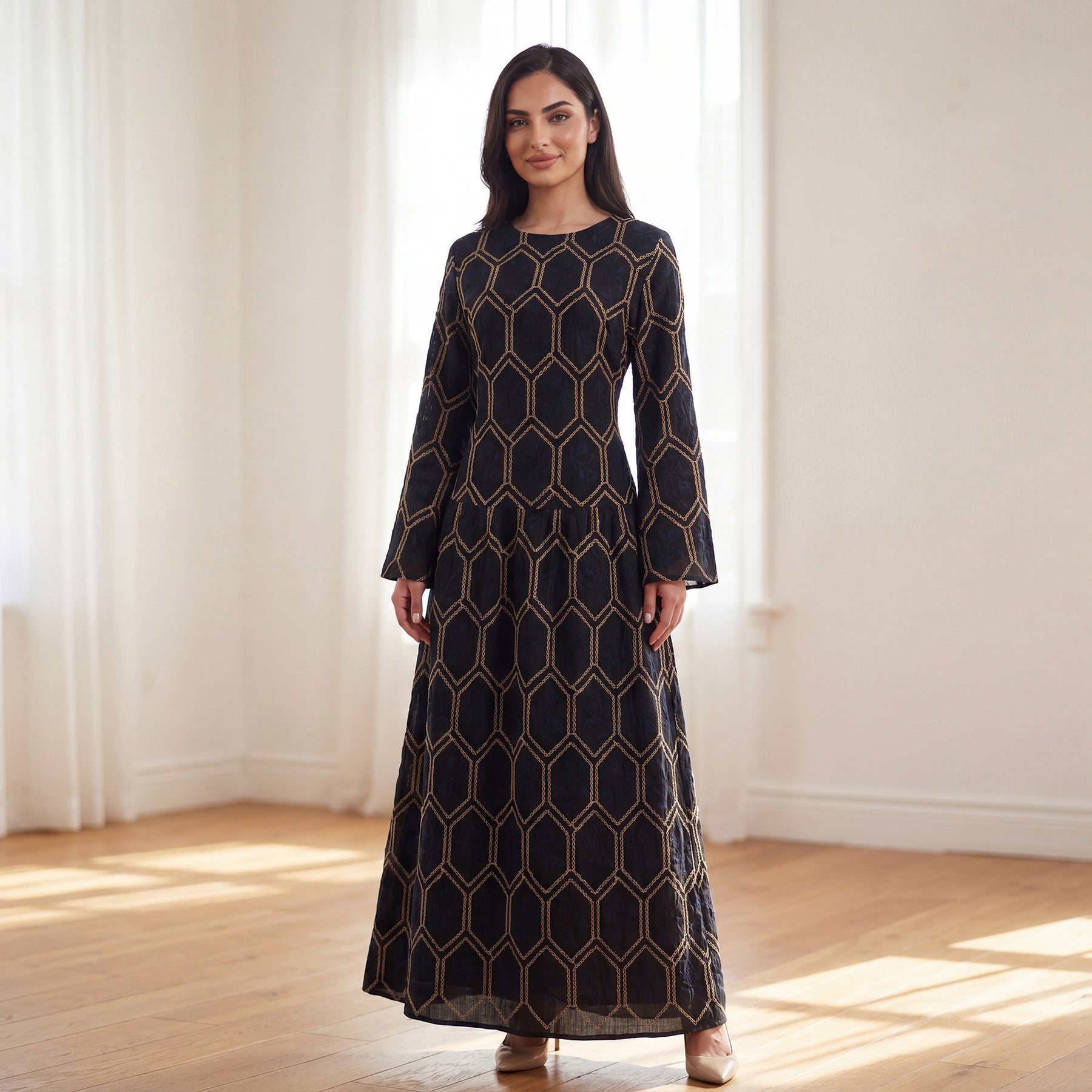 LR1095  Women's Plus Size Long Sleeve Full Embroidery Dress