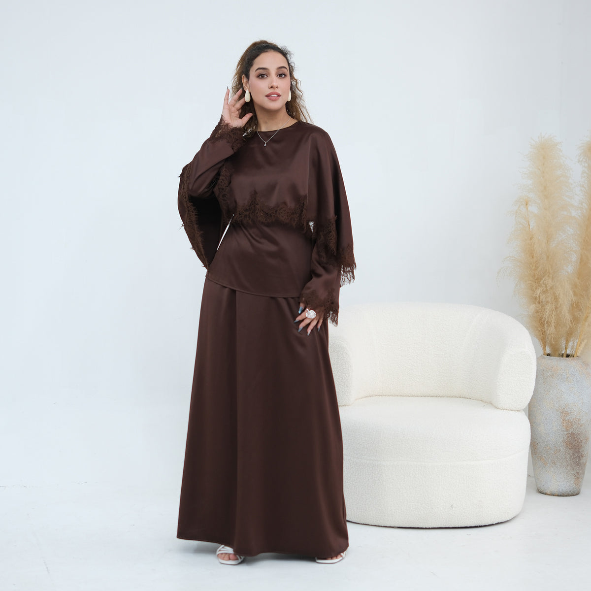 LR1178  Lace-Trim Polyester Top with Shawl & Skirt Set - Sold Separately