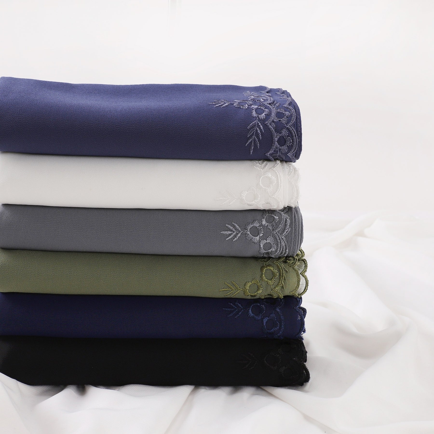YZ336  Plain Solid Hijab with Flower Embroidered Chiffon