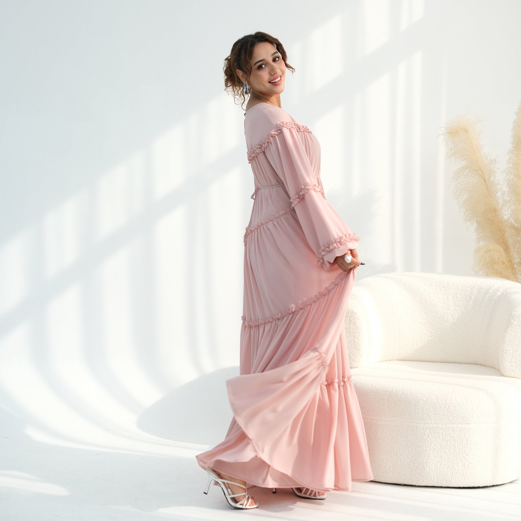 LR1161  Long Sleeve Tiered Ruffle Double Layer Dress