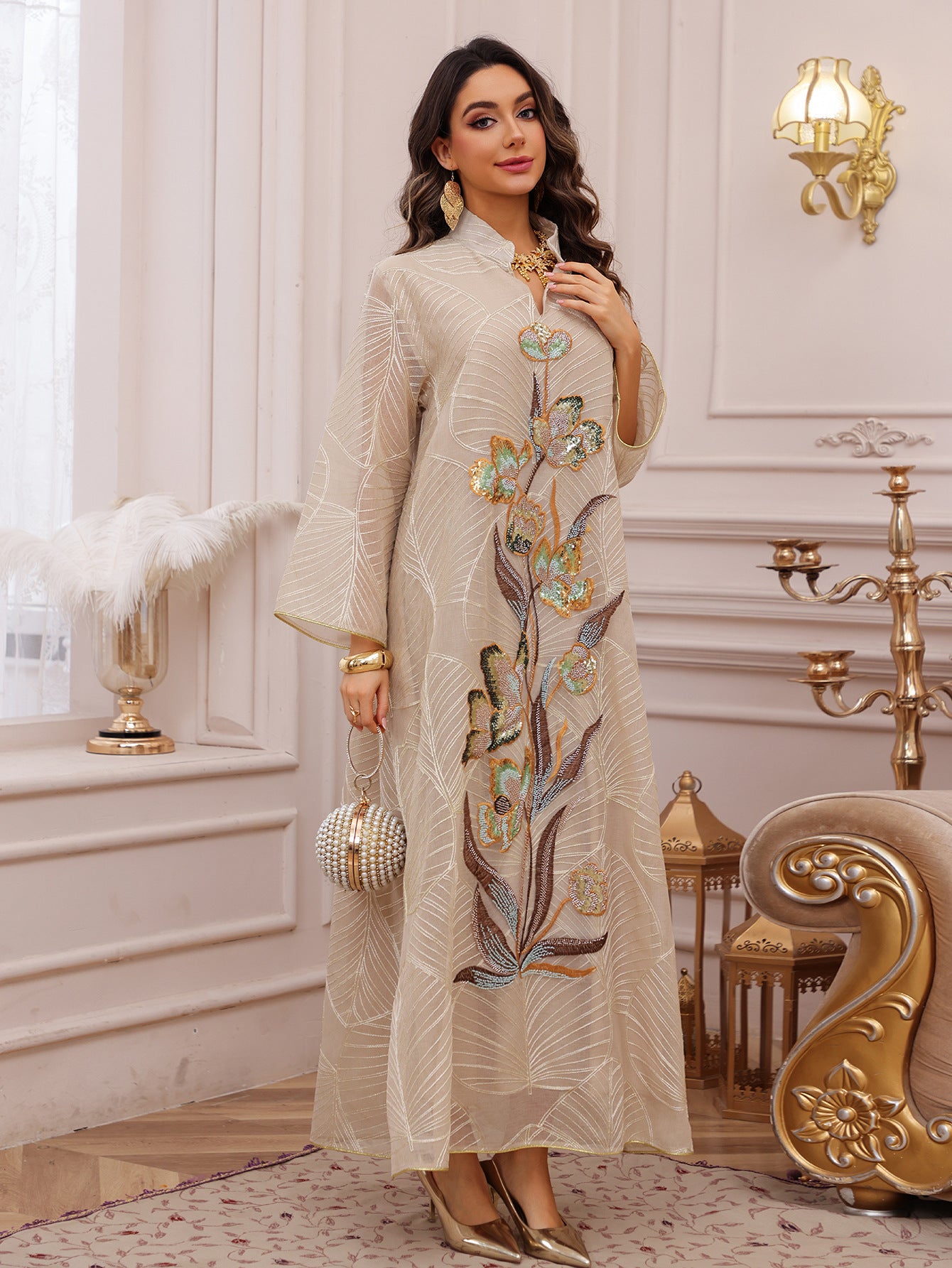 AB485  Mesh Embroidered Maxi Dress Ethnic Women's Clothing