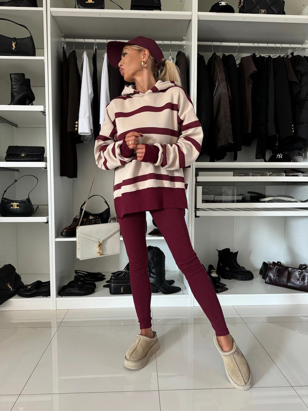 M80070  Women's Plain Printed Hooded Sweatsuit Autumn Winter Set