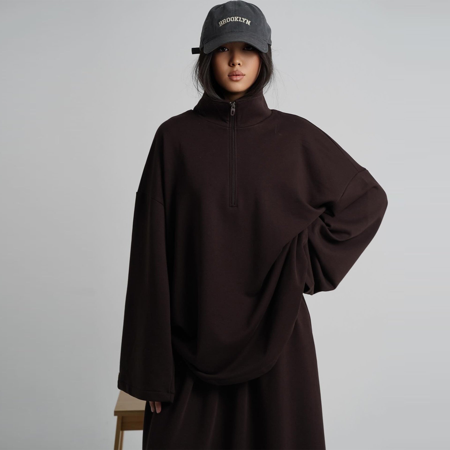 LR1127  Casual Loose Zipper Collar Top and Skirt 2-Piece Set