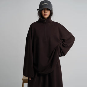 LR1127  Casual Loose Zipper Collar Top and Skirt 2-Piece Set