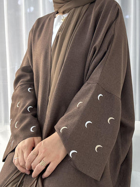YLCX  Plain elegant long dress – cardigan style, moon embroidery