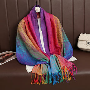 T318-01  Paisley Embroidered Ombre Tassel Polyester Cotton Scarf