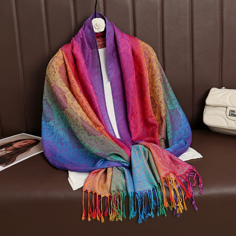 T318-01  Paisley Embroidered Ombre Tassel Polyester Cotton Scarf
