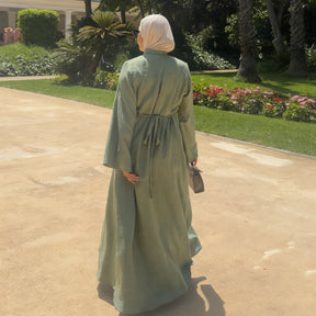 LR1124  Plain Solid Polyester Tie-Front Open Abaya Cardigan + Inner 2-Piece Set