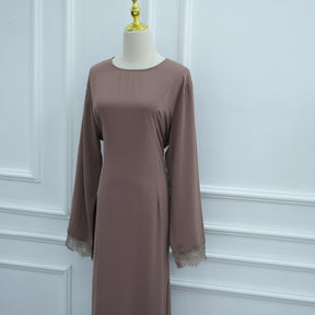 LR1363  Elegant Long Sleeve Nida Lace Dress with Hijab 2-Piece Set