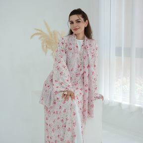 LR1067  Printed Chiffon Lined Open Abaya + Hijab Set