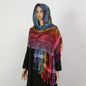 YF0438  Colorful Jacquard Soft Polyester Tassel Long Scarf