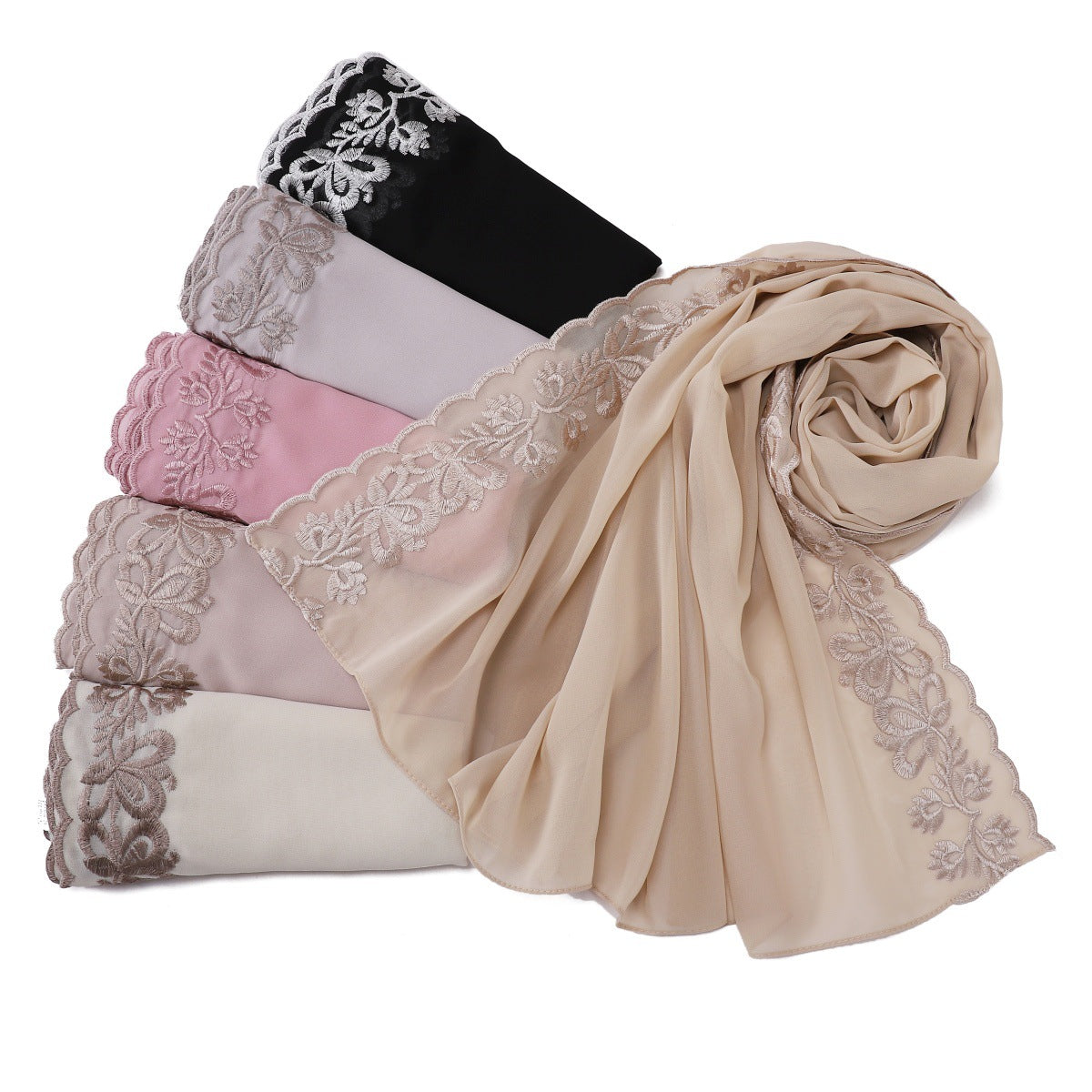 YZ315  Plain Chiffon Butterfly Embroidery Pearl Lace Hijab