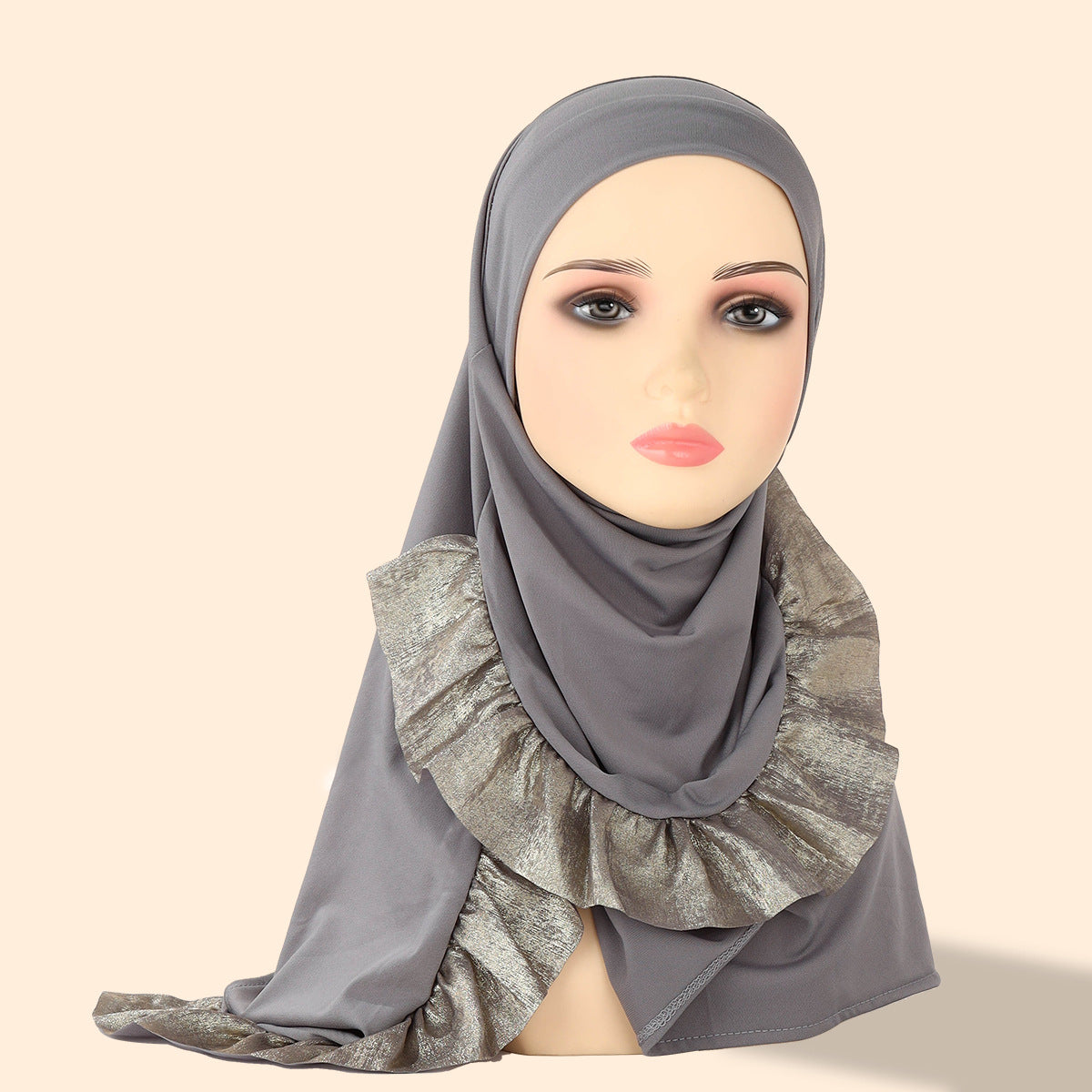 TD68-062  Plain Crystal Linen One-Piece Hijab, Silver Foil Ruffles