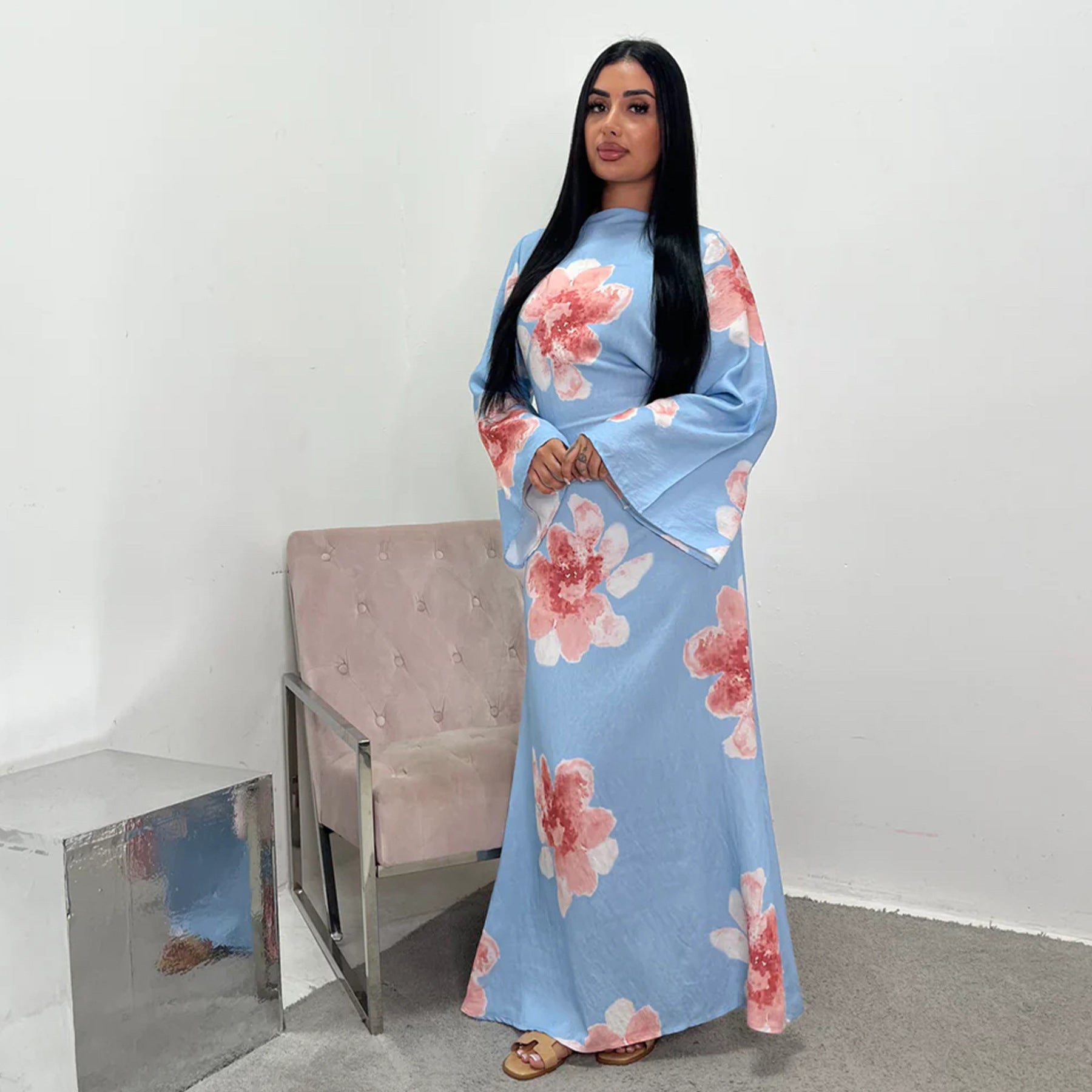 LR1063  Women's Printed Ankle-Length Dress with Slimming Waist