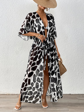 A12267  Batwing Sleeve Tie Waist Leopard Print Mesh Beach Bikini Cover Up