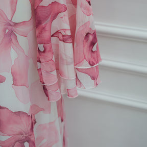LR1338  Printed Double-Layer Chiffon Flare Sleeve Dress