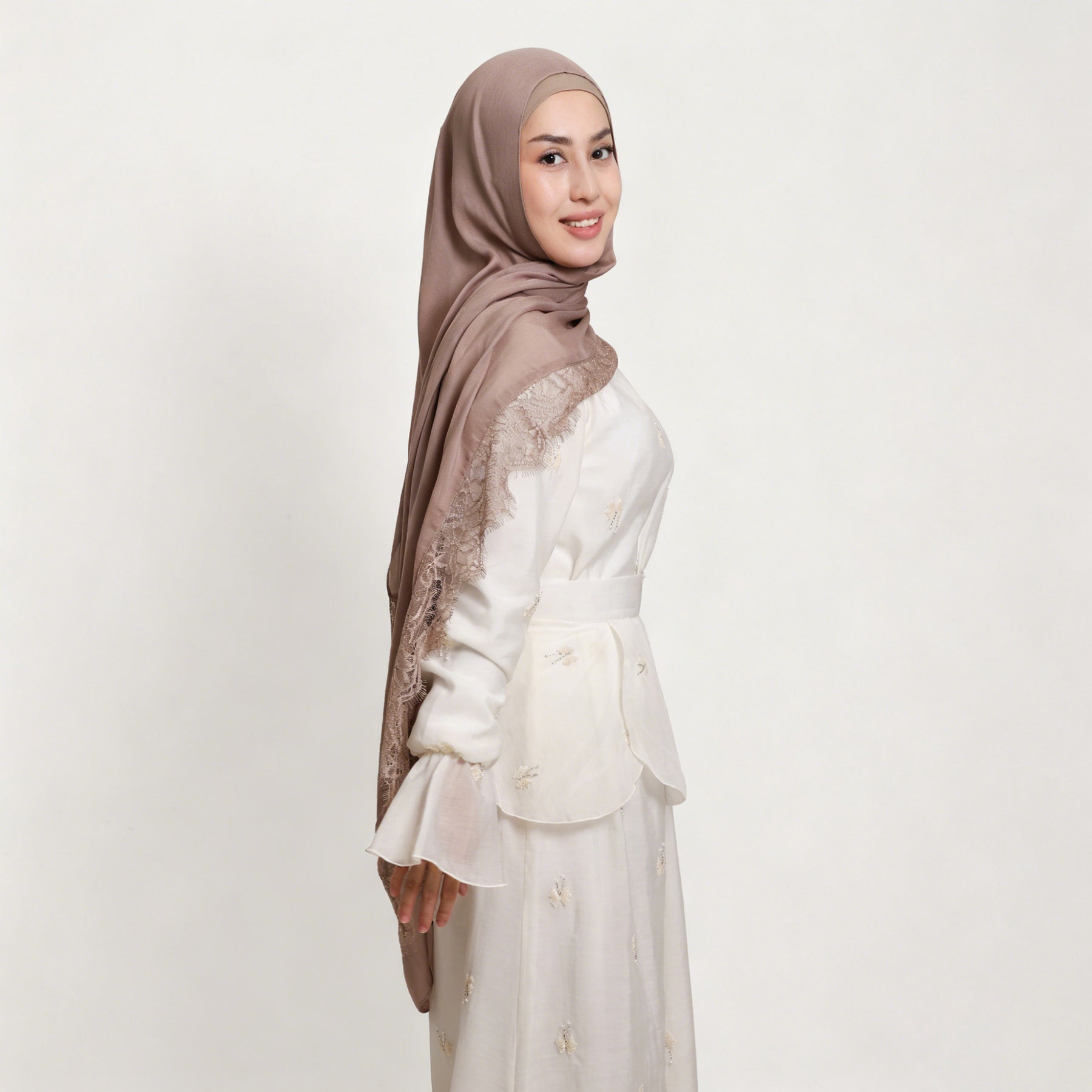 YZ347  Plain Modal Lace Hijab + Mercerized Cotton Tube Cap Set