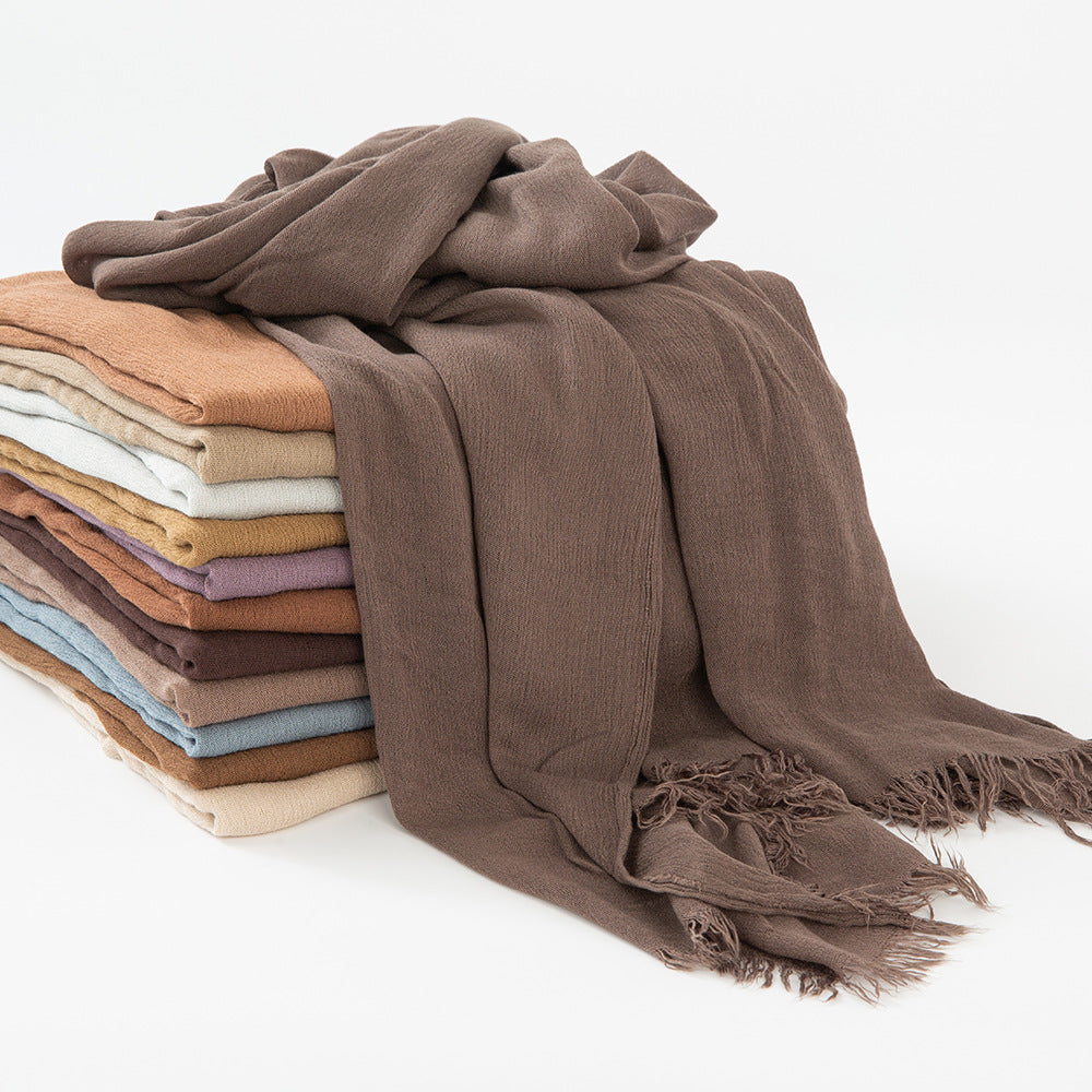 WJA79  Plain natural crinkle cotton hijab with fringes on both ends