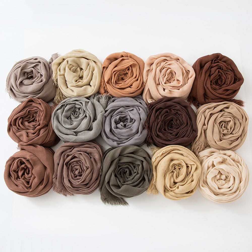 WJA79  Plain natural crinkle cotton hijab with fringes on both ends