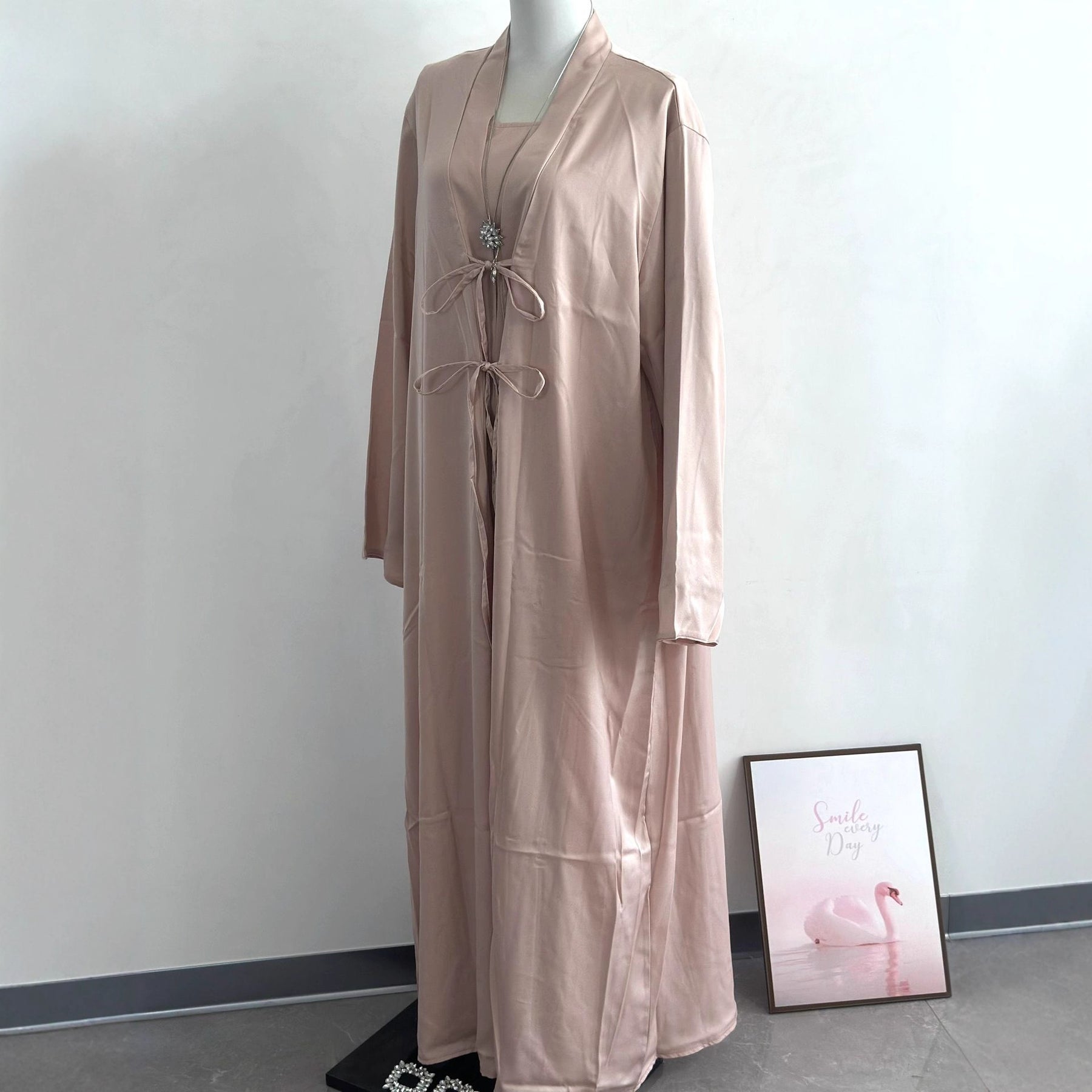 K113  Satin Tie-Front Open Abaya + Inner Dress Set - No Hijab