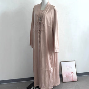 K113  Satin Tie-Front Open Abaya + Inner Dress Set - No Hijab