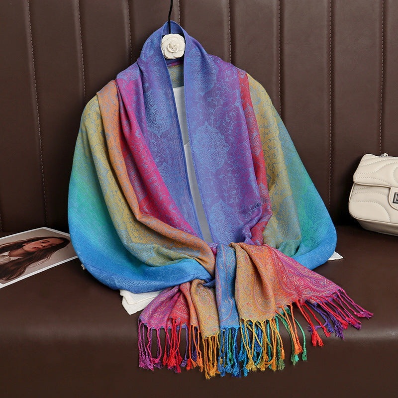 T318-01  Paisley Embroidered Ombre Tassel Polyester Cotton Scarf