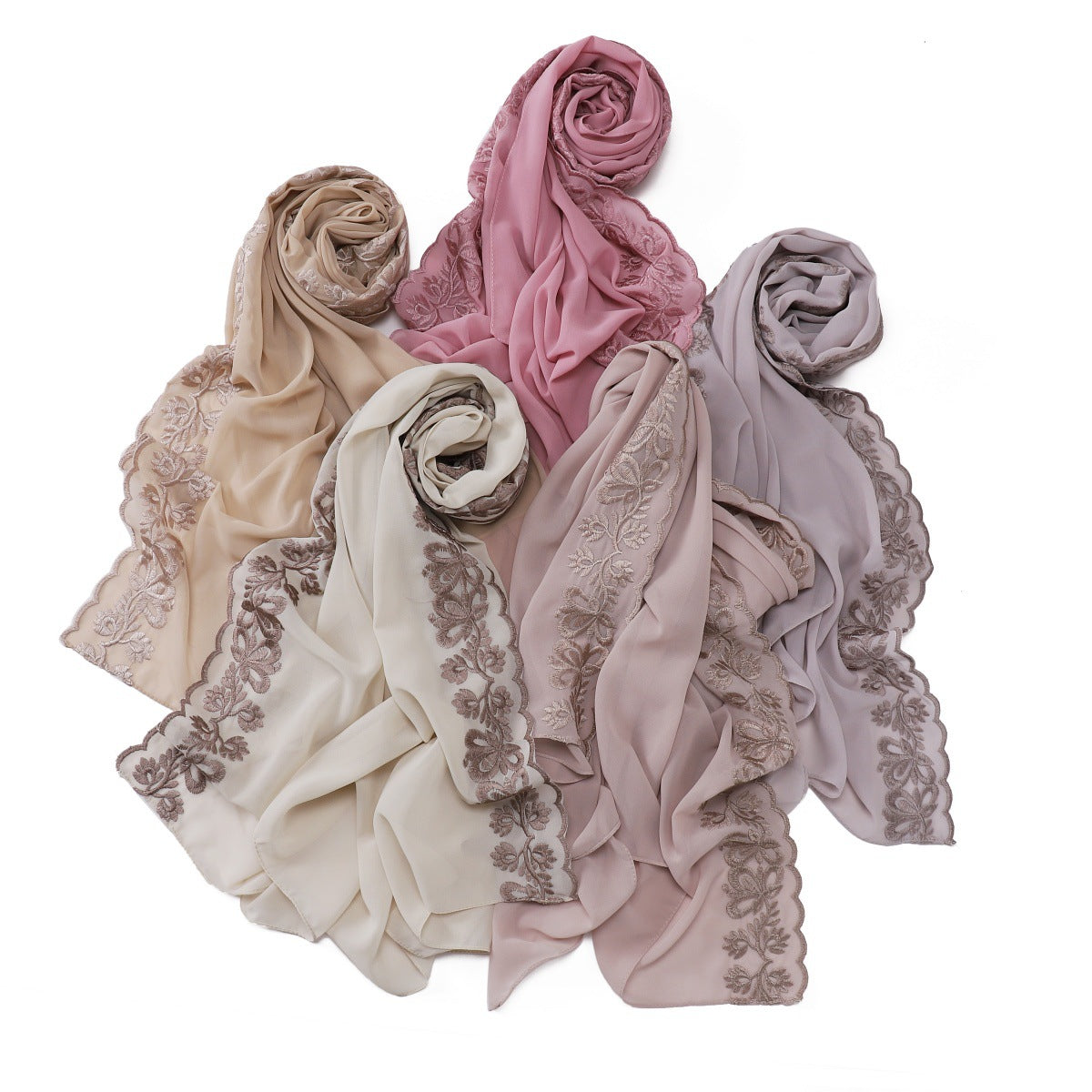 YZ315  Plain Chiffon Butterfly Embroidery Pearl Lace Hijab