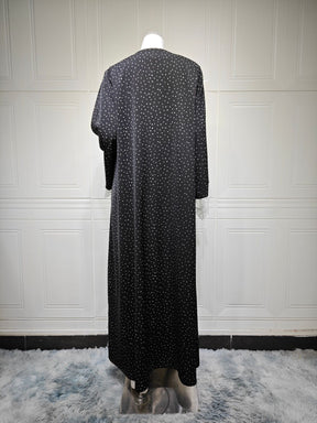 MQ259  Lace Trim Polka Dot Print Abaya Cardigan with Hijab Set
