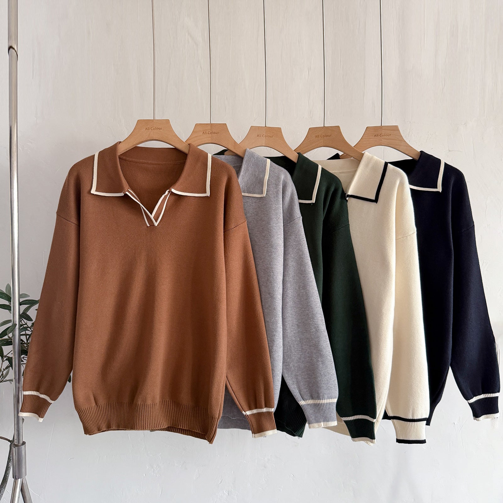 6676  Women's Autumn Contrast Color Lapel Jersey Two-Piece Set