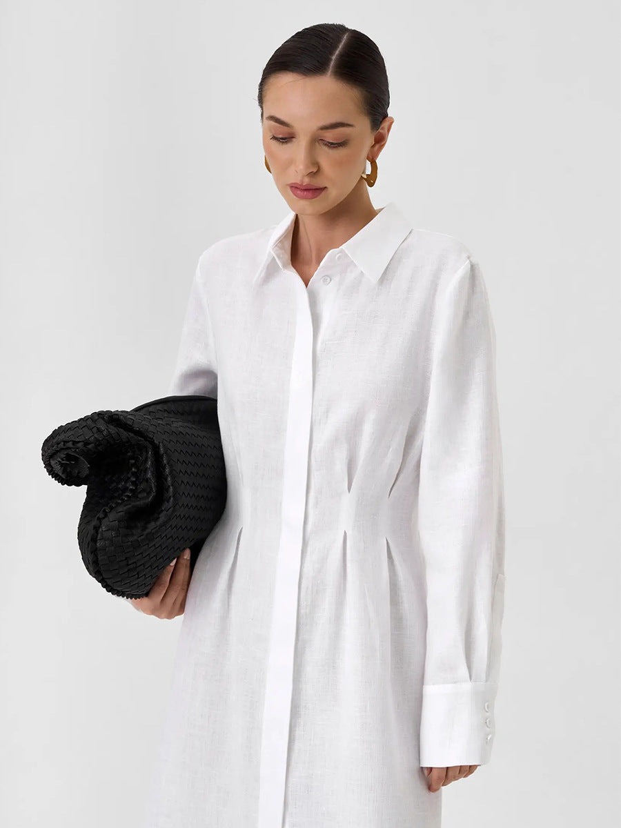 LYQ0431  Women's Waist-Cinching Linen Shirt Dress with Side Slit
