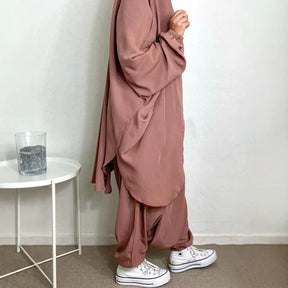P103  Plain 2-Piece Loose Long Sleeve Top Hijab and Tied Pants Set