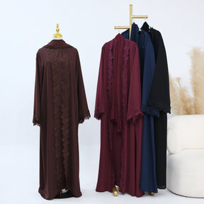 LR1191  Plain Nida Gold Foil Lace Open Abaya + Inner Layer + Hijab Set